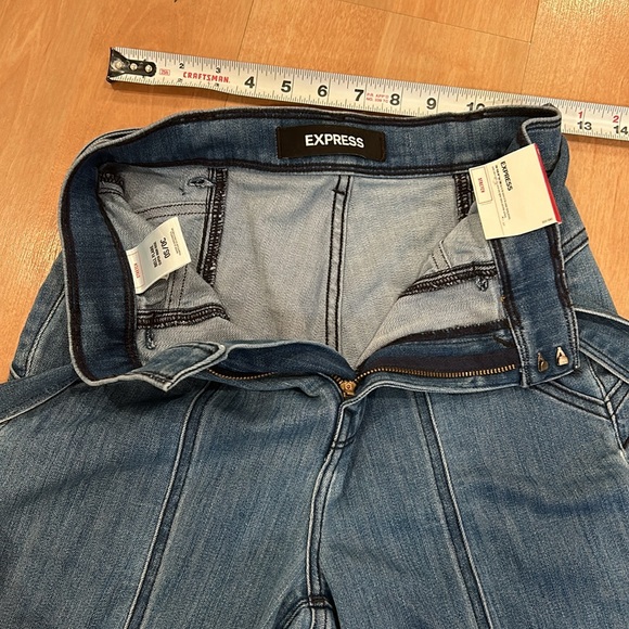 Express women’s Bell Flare Jeans Size OS Super High Rise Tie Waist Stretch Blue - Picture 6 of 8